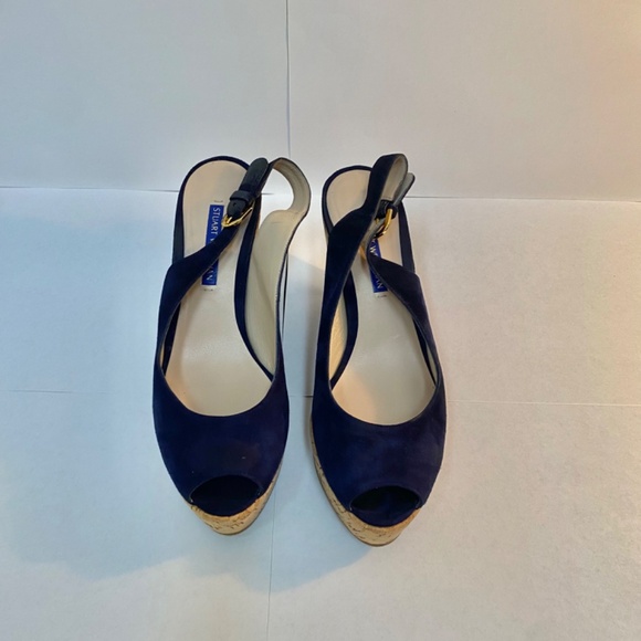 Authentic Stuart Weitzman Cork Wedge Navy Blue Suede Slingback Shoes Size 7 - Picture 2 of 8